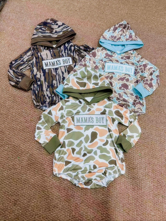 Embroidery Mama's Boy Camo Hoodie Boys Rompers Sibling Clothes RTS