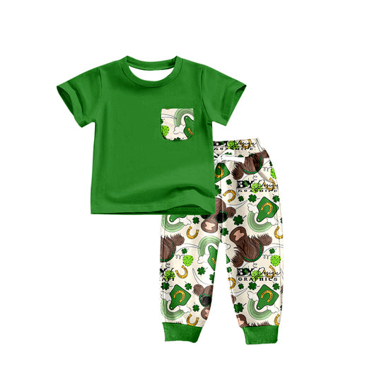 preorder BSPO0183 Saint Patrick highland cow pocket green short sleeve pants boys set