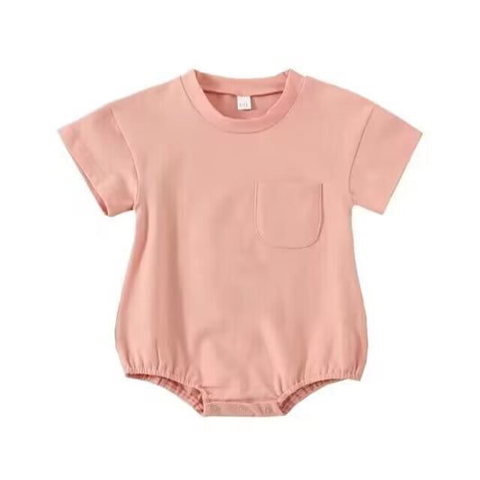 custom S light orange pocket short sleeve girls romper no moq
