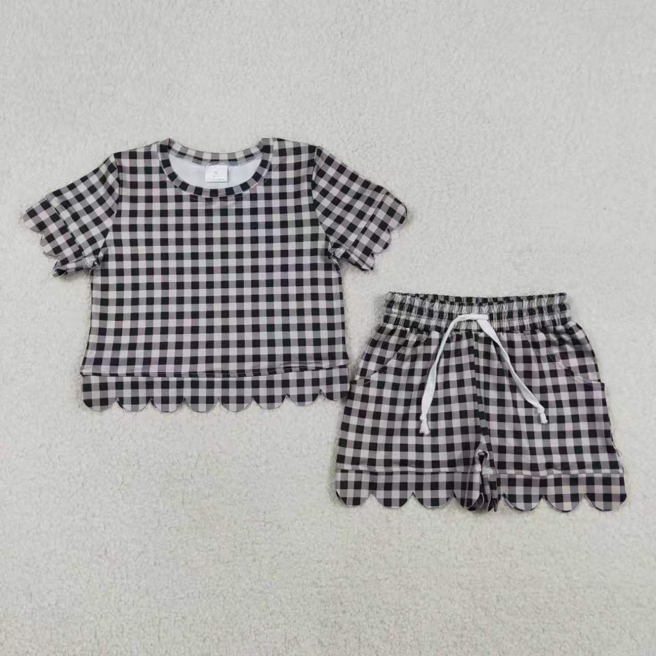 Checkered Scallop Short Sleeve Shorts Girls Set RTS Sibling Clothes