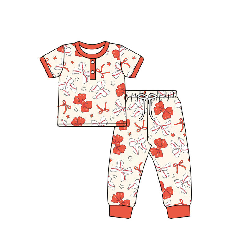 MOQ 3 Custom Baseball Bows Red Short Sleeve Pants Girls Pajamas