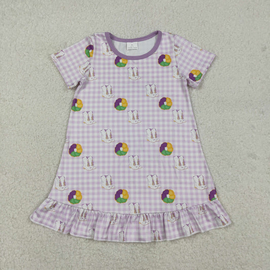 GSD2900 Mardi Gras dount purple checkered short sleeve girls dress