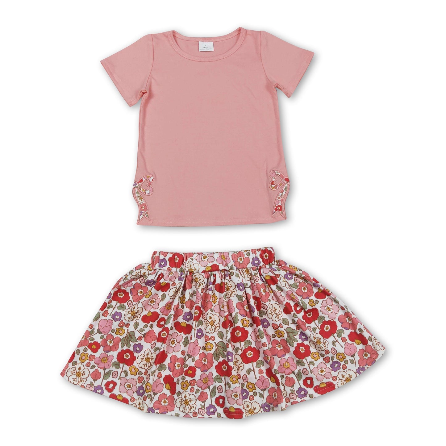 embroidery GSD1721 Split Side Bows Light Pink Short Sleeve Flowers Skirt With Shorts Girls Set