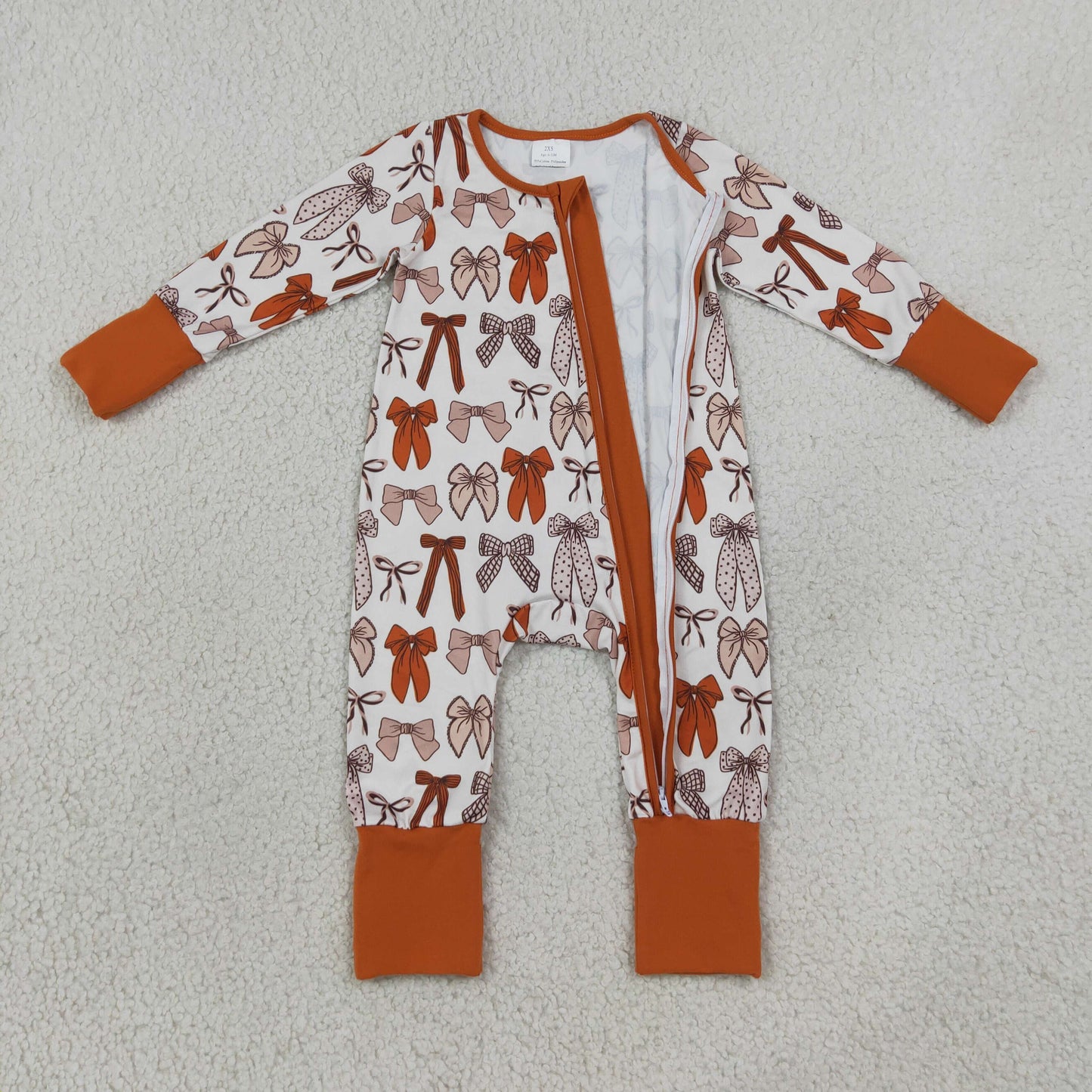 LR3158 Brown Bows Zipper Long Sleeve Girls Romper