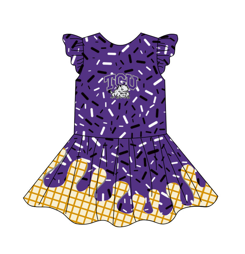 Custom Moq 5 Football Team TCU purple ice printing flutter sleeve girls dress