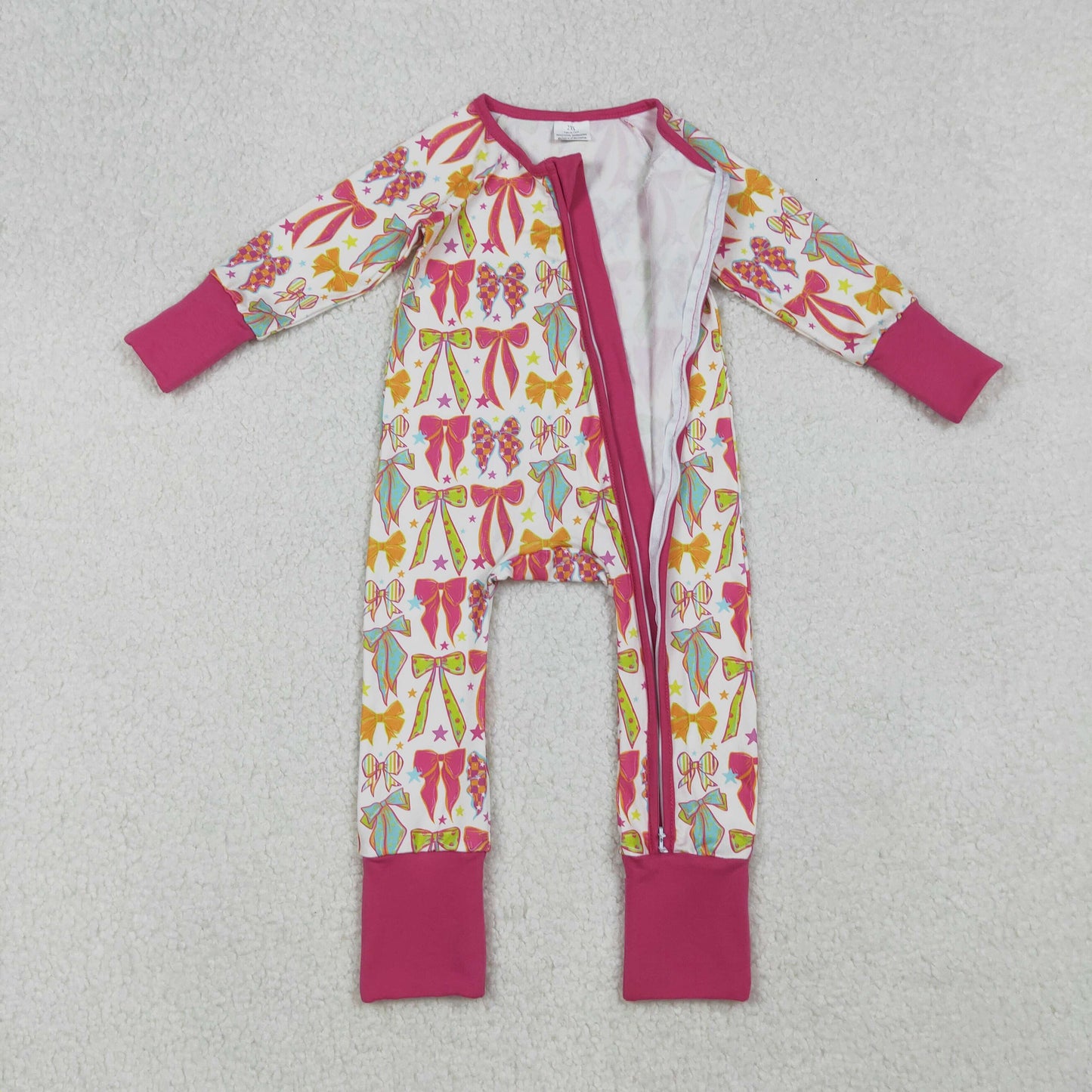 LR2468 colorful bows green/hot pink/orange bows long sleeve zipper girls romper