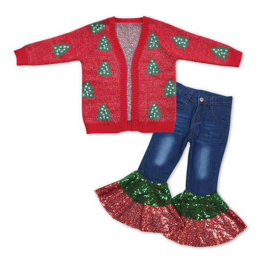 GLP1026 Christmas tree red sweater cardigan sequin denim pants girls set