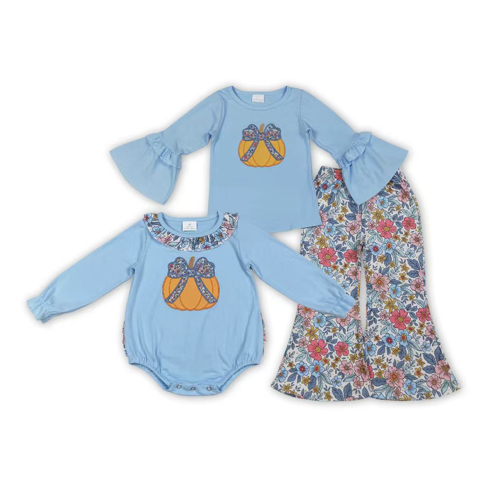 embroidery pumpkin bow flowers blue romper/set RTS Sibling Clothes