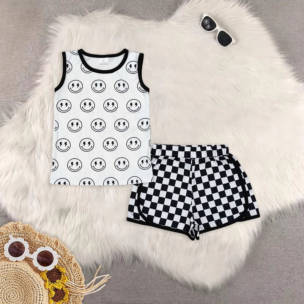 smile checkered boys set Sibling Clothes RTS