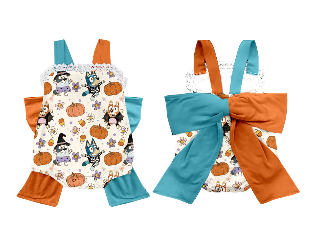 custom style Halloween blue dog pumpkin with bow romper