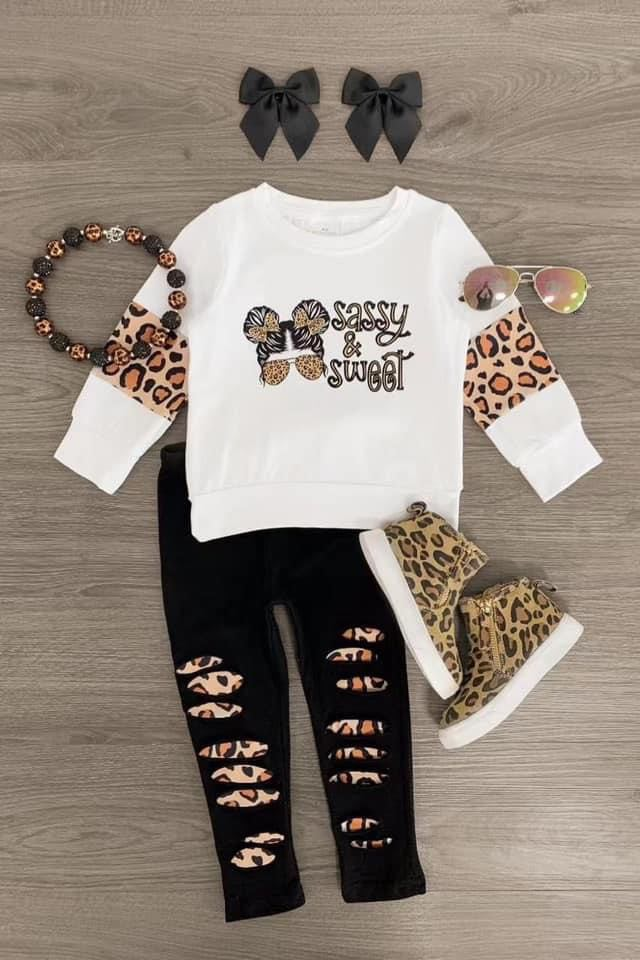 custom sassy sweet long sleeve black leopard pants girls set
