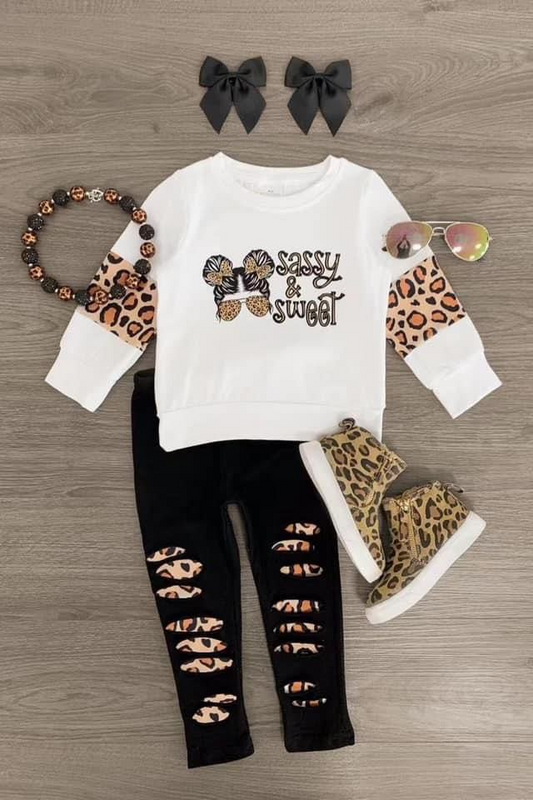 custom sassy sweet long sleeve black leopard pants girls set