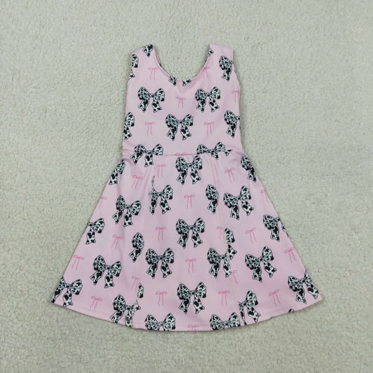 GSD1853 yoga Cow Print Bows Pink Bows Twirl Bow With Shorts Girls Dress