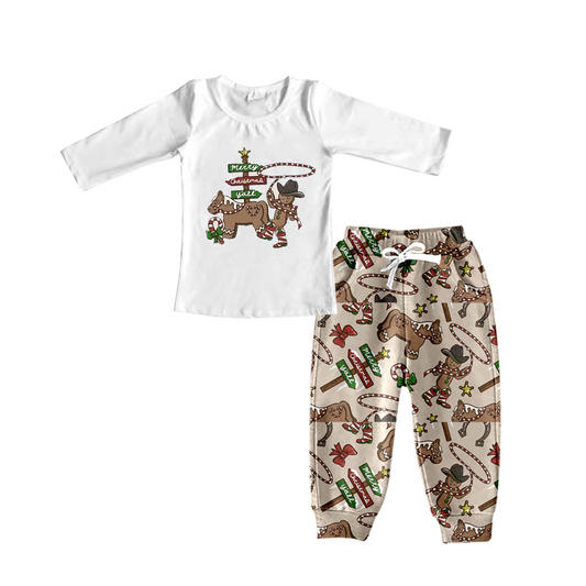 preorder BLP0290 Christmas gingerbread man horse long sleeve pants boys set children clothing