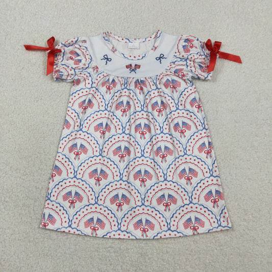 Embroidery GSD3525 July 4th Flag Bows Short Sleeve Girls Dress