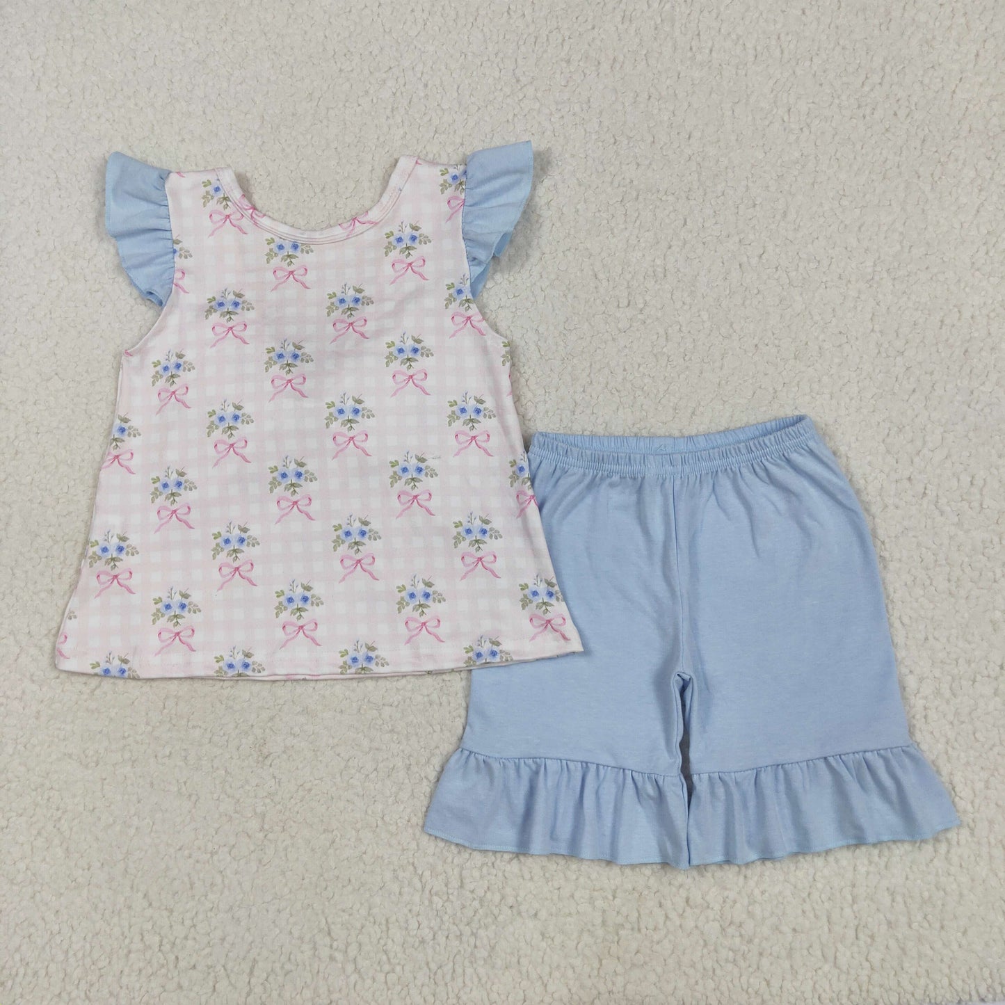 GSSO1577 blue flowers bows flutter sleeve blue shorts girls set