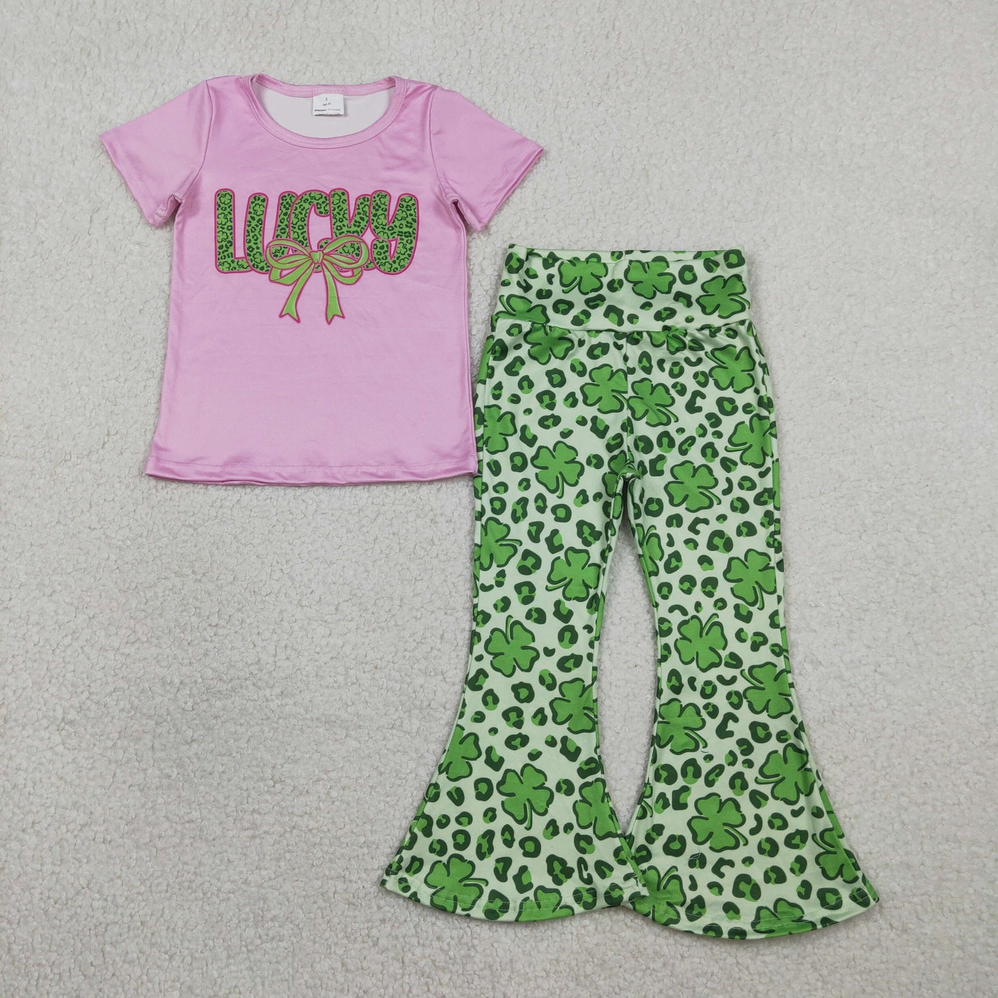 GSPO2104 St Patrick lucky bows hot pink short sleeve green leopard clover pants girls set
