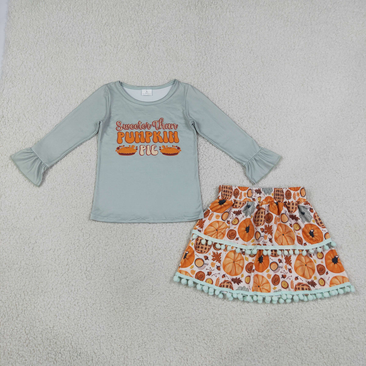 GLD0763 pumpkin pie long sleeve skirt 2pcs girls set