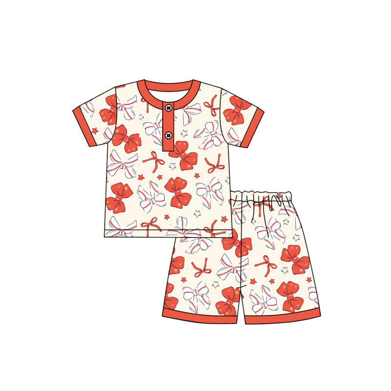 MOQ 3 Custom Baseball Bows Red Short Sleeve Shorts Girls Pajamas