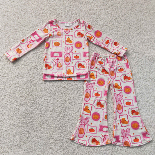 GLP3405 Pumpkin Bows Long Sleeve Pants Girls Set