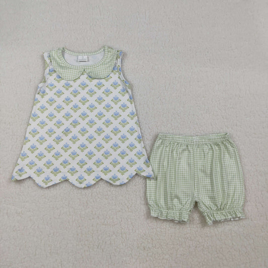 GSSO2850 Blue Flowers Sleeveless Green Checkered Shorts Girls Set