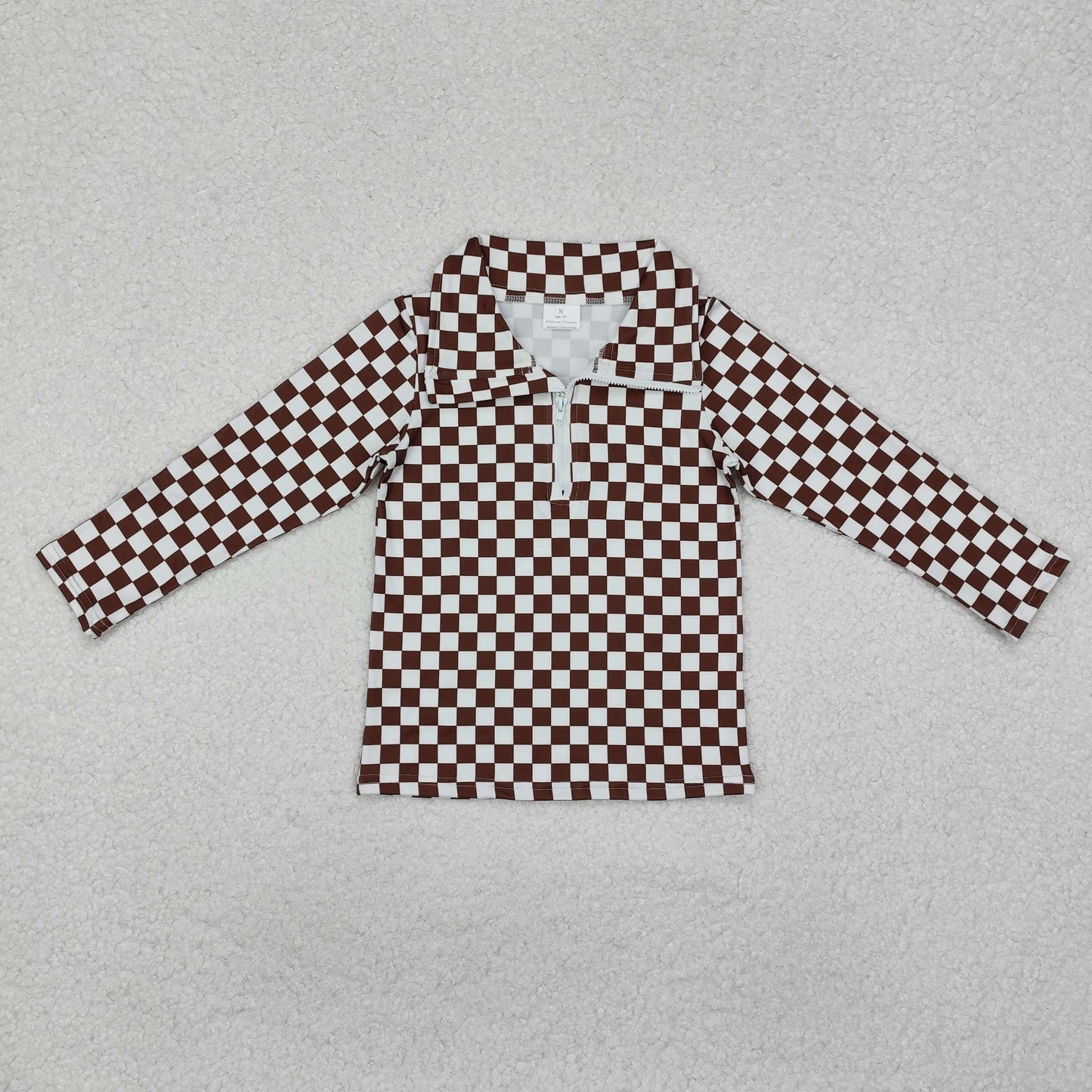 GT0793 brown checkered zipper long sleeve girls pullover girls top