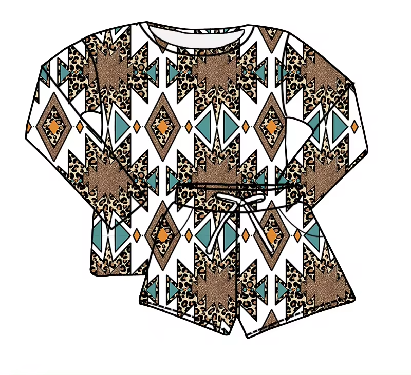 custom style Western Aztec leopard long sleeve shorts kids set