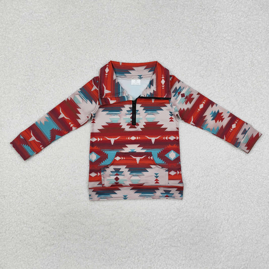 BT1065 Western Aztec cow pocket zipper long sleeve boys pullover