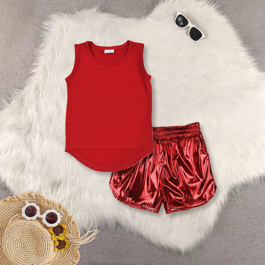 yoga red sleeveelss top red leather shorts girls set GT0981+SS0415