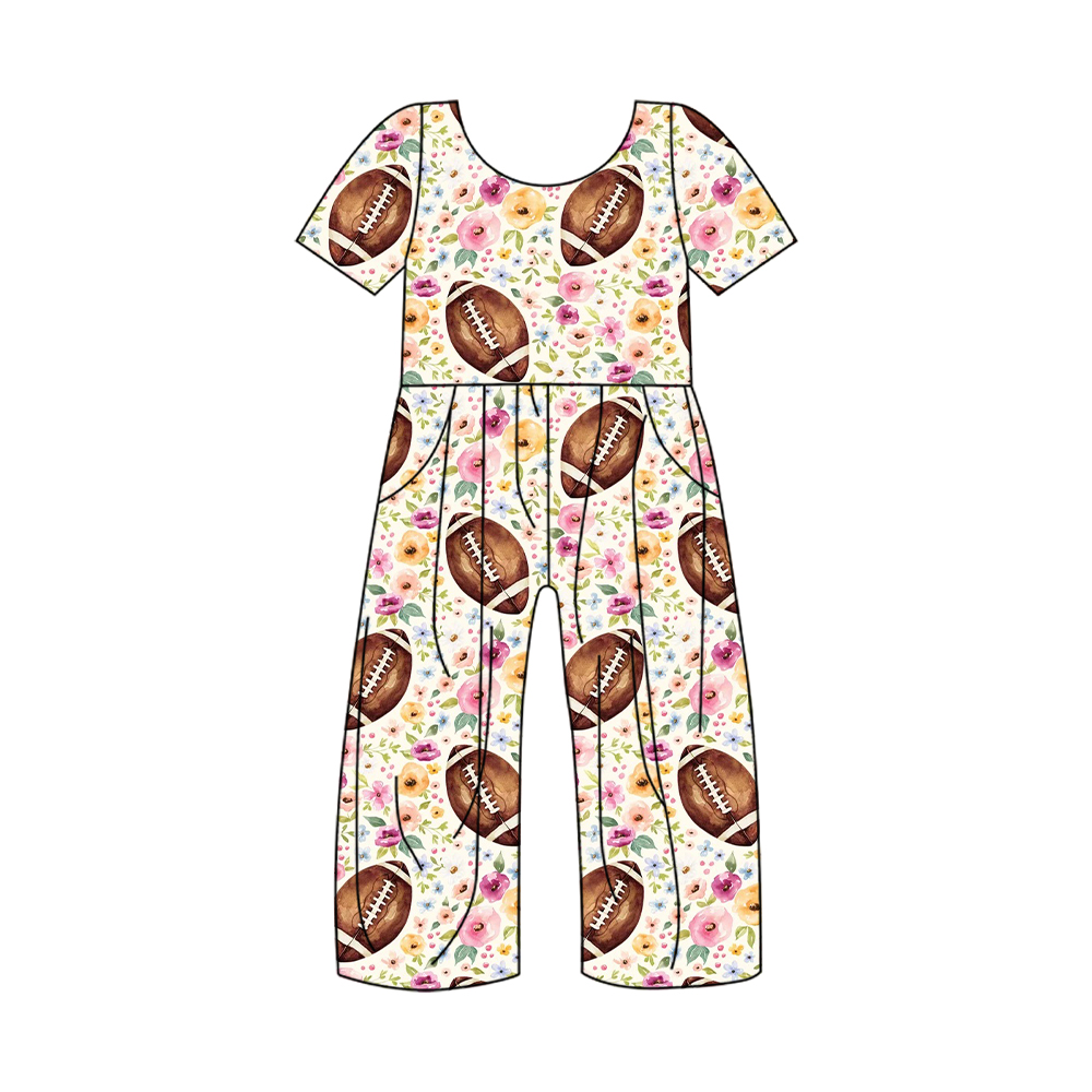 preorder SR1871 football colorful flowers short sleeve girls jumpsuits