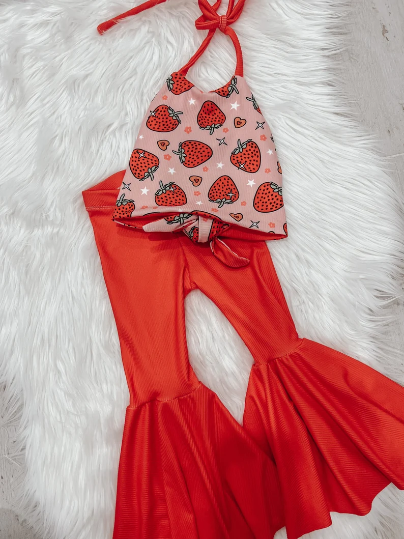 preorder GSPO1077 Strawberry lace up top red pants girls set
