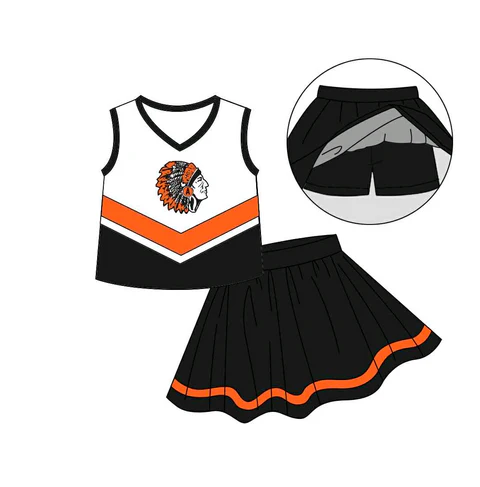 Custom Moq 5 football team black orange sleeveless skirt skorts girls set