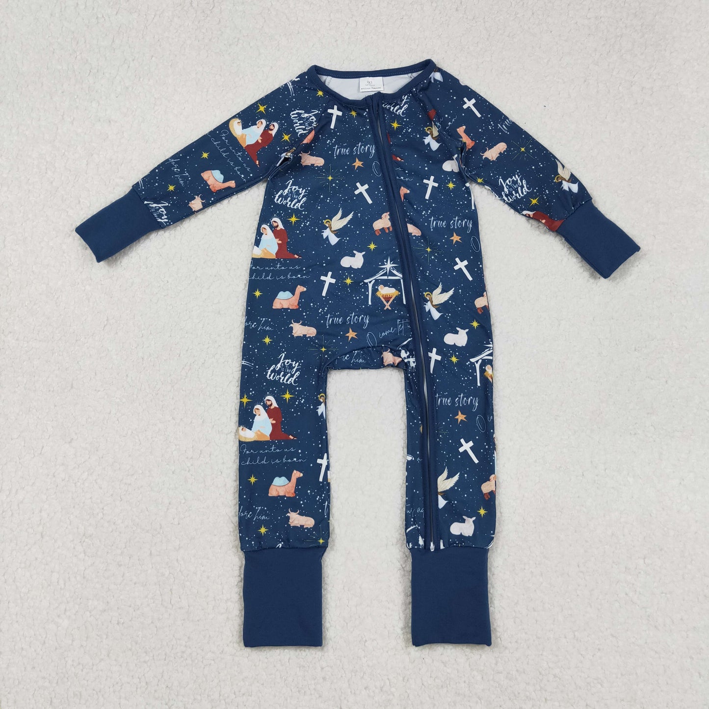 LR2504 The Nativity Story blue long sleeve zipper boys romper