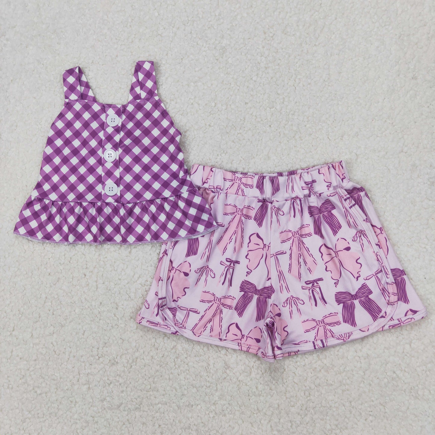 GSSO2035 purple checkered camisole top bows shorts girls set