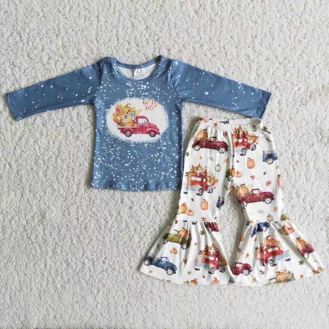 6 A0-4 Pumpkin truck blue long sleeve pants girls set