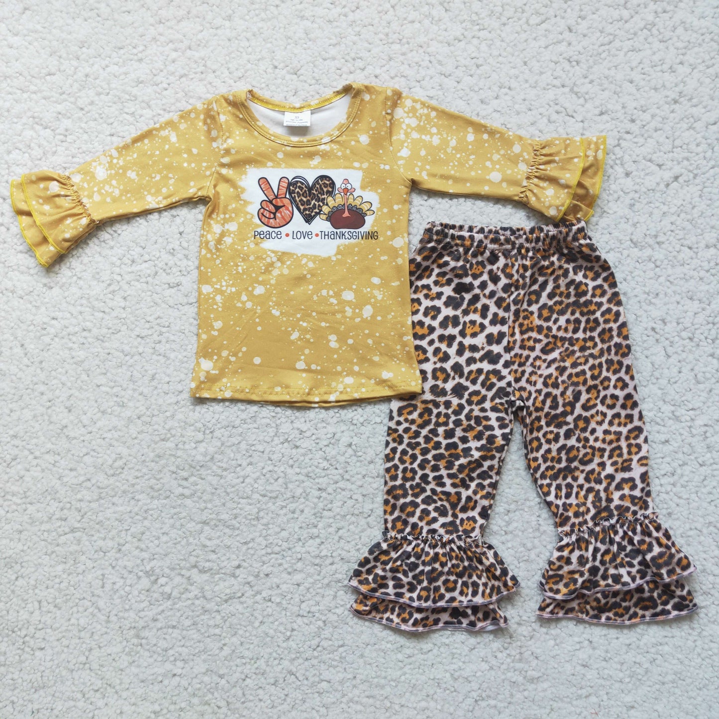 6 A1-1 Peace & love & thanksgiving turkey yellow long sleeve leopard pants girls set