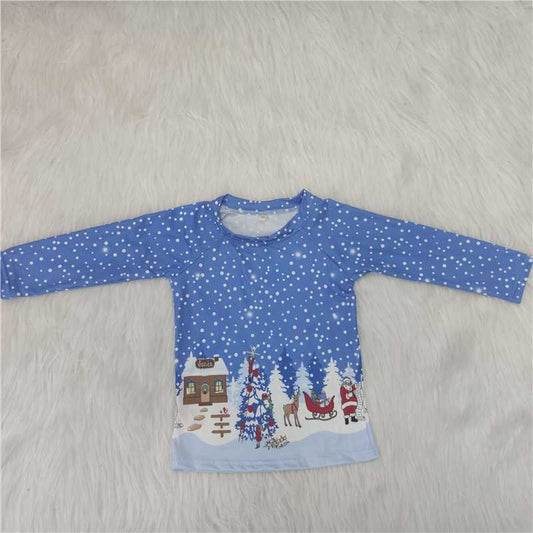 6 A1-16 Christmas Santa Claus snow blue long sleeve kids top