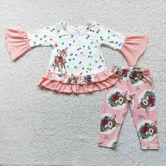 6 A1-19 Christmas deer pink long sleeve pants girls set