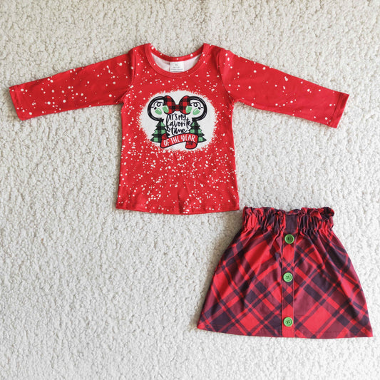 6 A1-20 Cartoon red long sleeve red checkered skirt girl set
