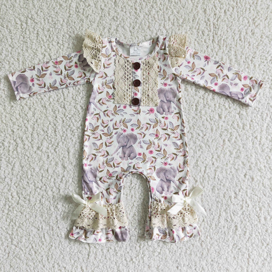6 A1-26 Baby Girls Elephant Flowers Long Sleeve Girls Romper