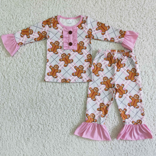 6 A1-27 Christmas gingerbread man pink long sleeve pants girls pajamas