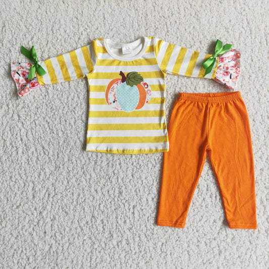 6 A10-14 Pumpkin yellow striped long sleeve orange pants girls set