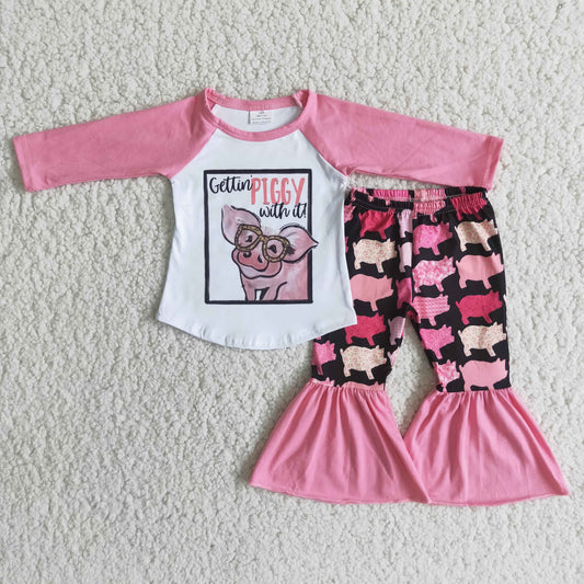 6 A10-17 Pink pig longs sleeve pants girls pajamas