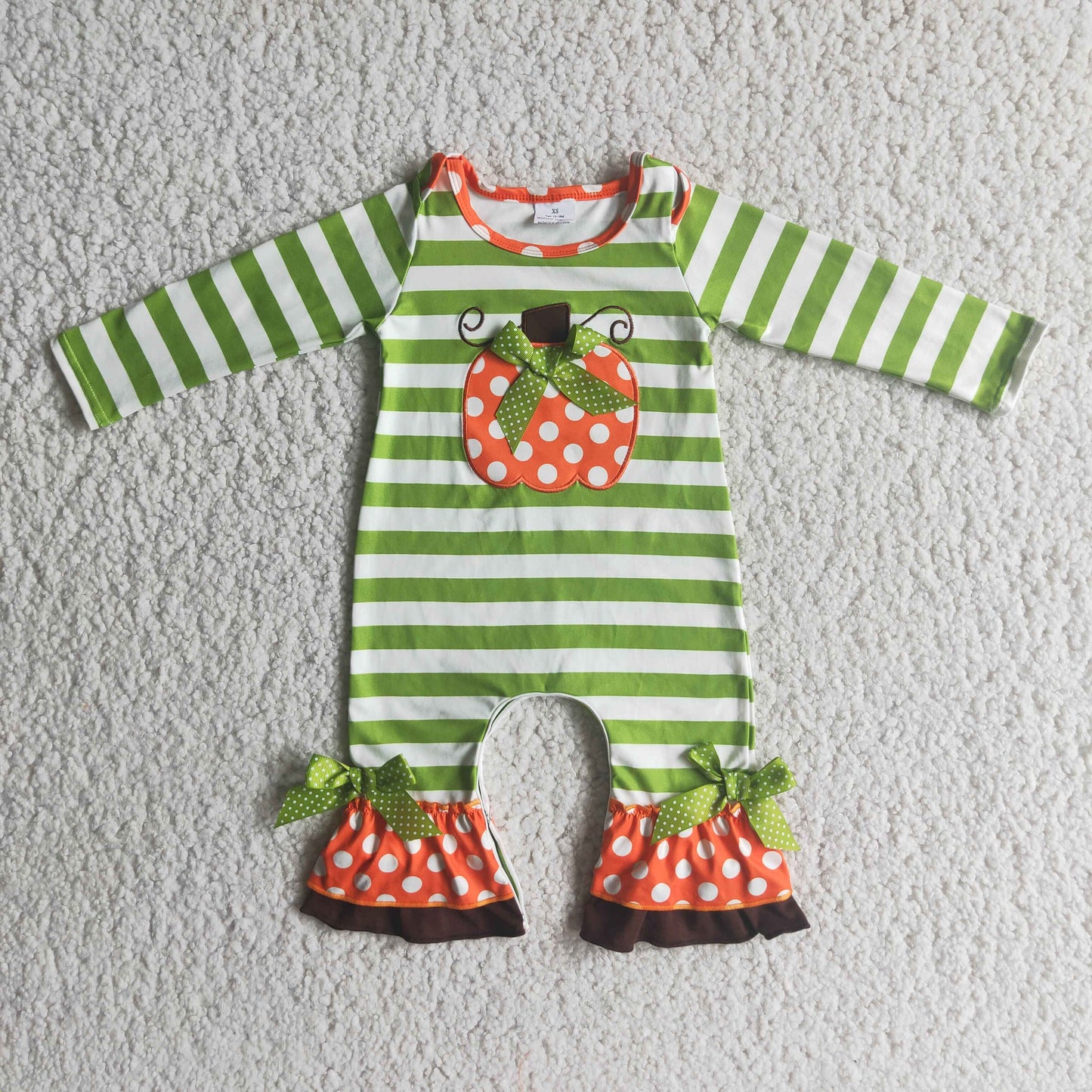 6 A10-26 Orange pumpkin green striped long sleeve girls romper