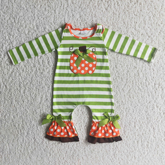 6 A10-26 Orange pumpkin green striped long sleeve girls romper