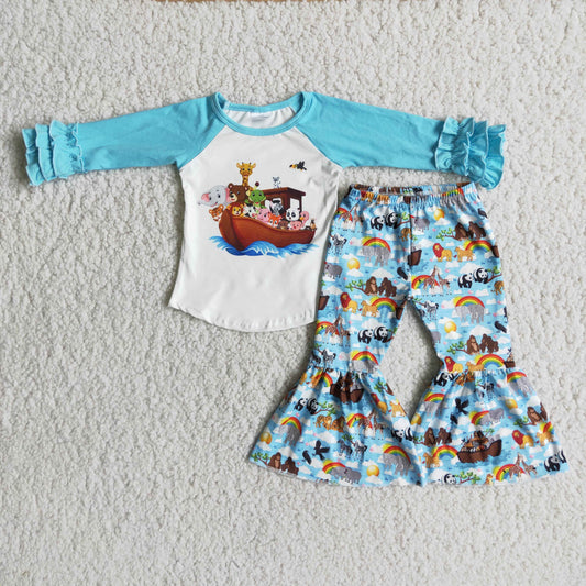 6 A10-30 Cartoon rainbow blue long sleeve pants girls set