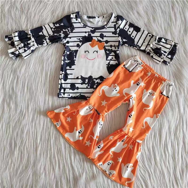 6 A11-13 Halloween spooky black long sleeve orange pants girls set