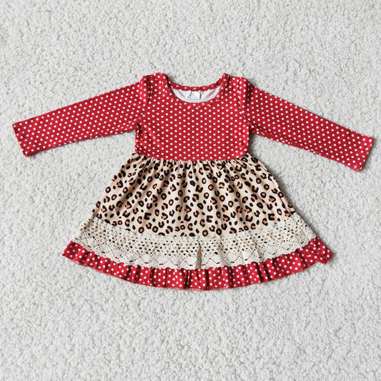 6 A11-18 Red Dot Leopard Long Sleeve Girls Dress