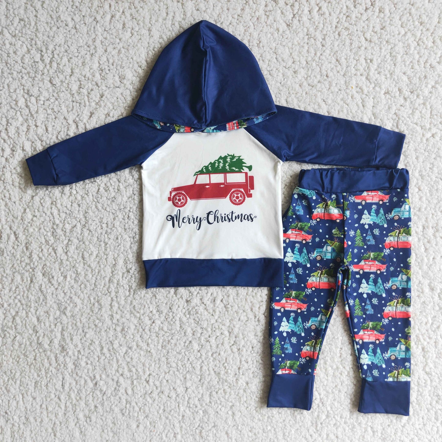 6 A12-13 Christmas tree truck long sleeve hoodie navy blue pants boys set