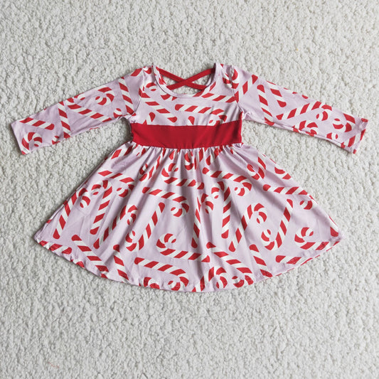 6 A12-18 Christmas cane candy pink long sleeve girls dress